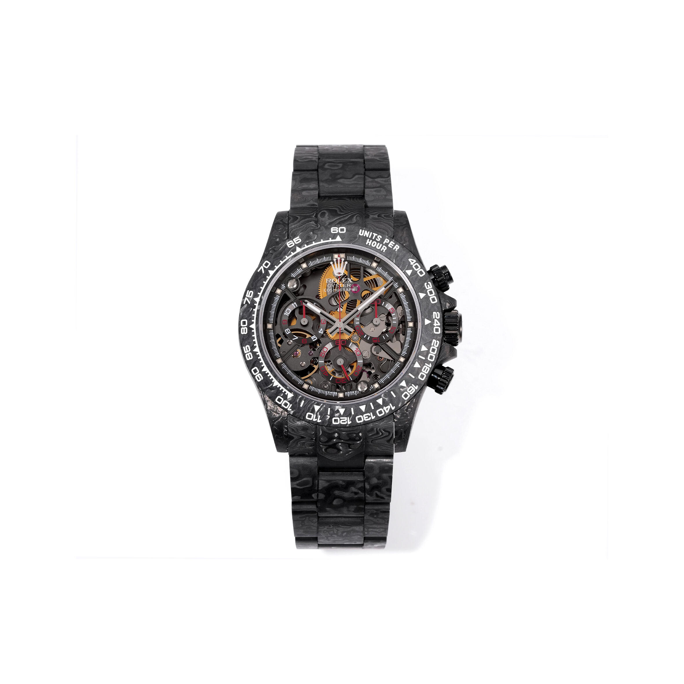 ROLEX THE COSMOGRAPH DAYTONA SKELETON WATCH FEATURES A FORGED CARBON FIBER CASE AND BRACELET m326938-0005